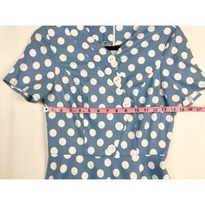 Light Blue White Polka Dot V-Neck Short Sleeve Button Front A-Line Midi Dress M